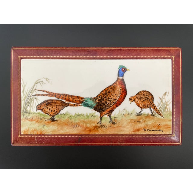 Antique Italian Leather Trinket Box With Handpainted Pheasants Tile Top For Sale - Image 13 of 13