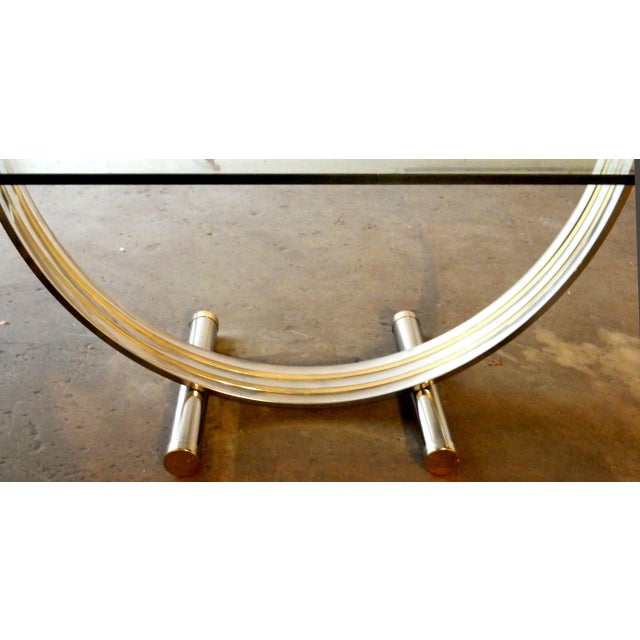 Circa 1980 very elegant French Romeo Rega center table, console or dining table with semi round chrome and brass base....