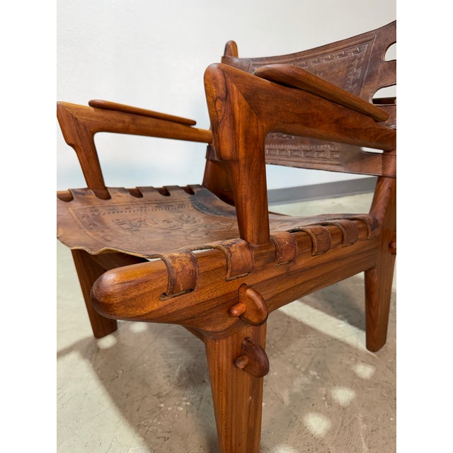 1960s Set of 2 Mid Century Angel Pazmino Hand Tooled Leather Sling Safari Chairs For Sale - Image 11 of 12
