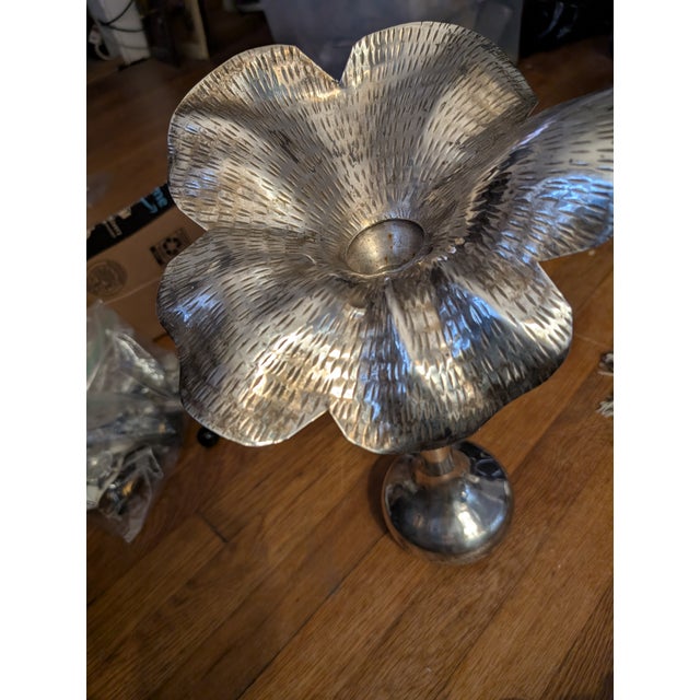 This pair of handmade hammered vases in the manner of M M Evolucao, Brazilian artist. Flower shape, trumpet vase, poppy...