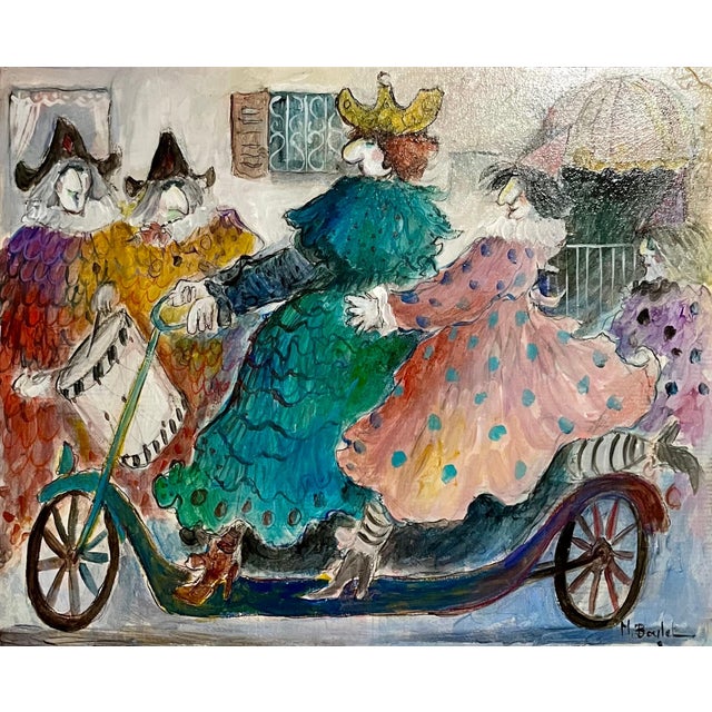 Folk Art Michel BouletCharming French Naive Art, Clowns on Bicycle Michel Boulet Folk Art Oil Painting For Sale - Image 3 of 9