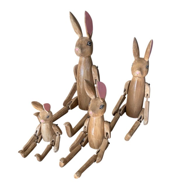 Vintage Hand-Carved Articulated Wooden Rabbit Family - Set of 4 | Chairish