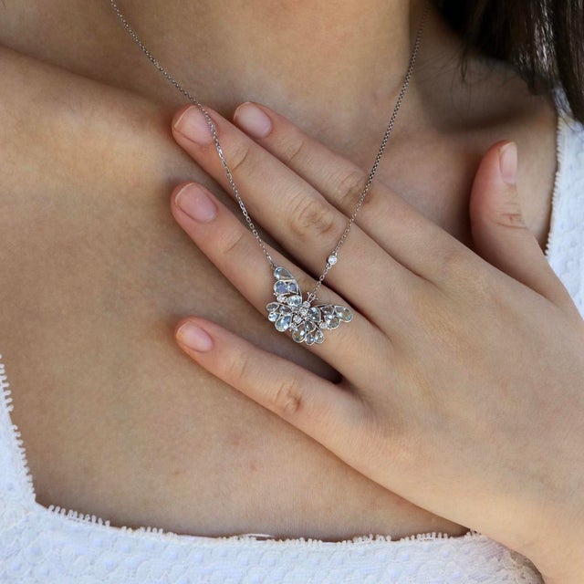 Contemporary Nina Zhou Aquamarine Diamond Butterfly Pendant Necklace in 14k White Gold For Sale - Image 3 of 10