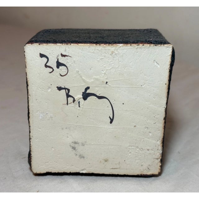 1970s Vintage Original Signed Handmade Brutalist Squared Green Pottery Ceramic Vase For Sale - Image 5 of 11