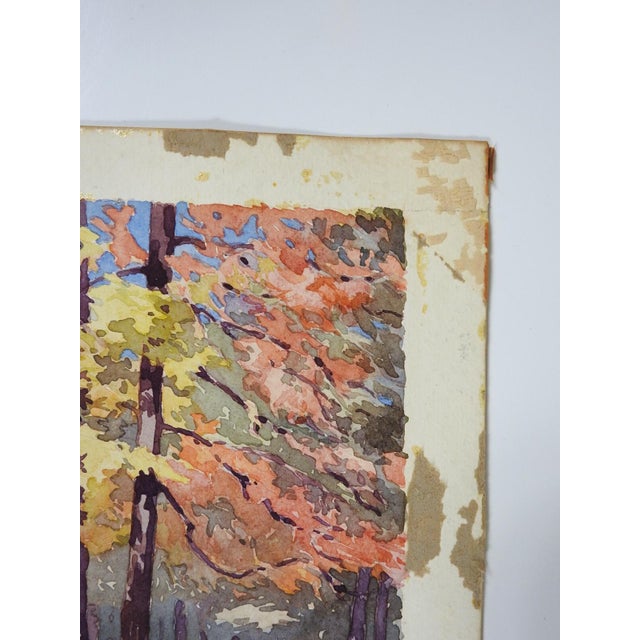 1927 Plein Air Autumn Forest Landscape Watercolor Painting For Sale - Image 4 of 7