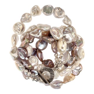 Two-Strand Pearls in Silver & White Cross Over Pattern Necklace For Sale