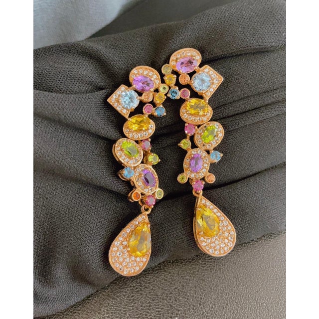 Bochic Vintage Cascading "Capri" Multi Natural Gem Earrings 18K Gold & Silver For Sale - Image 18 of 18