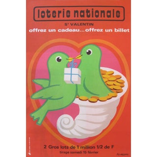 1975 French National Lottery Poster, Valentines Day Love Birds For Sale