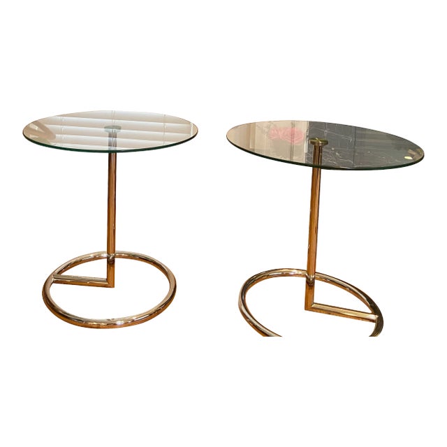 1980s 2 Mid Century Tubular Chrome & Round Glass Side End Accent Tables - Set of 2 For Sale