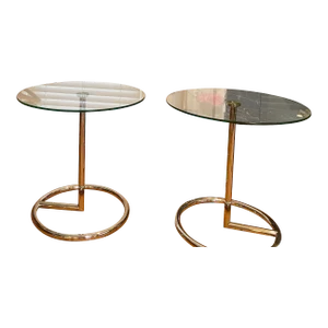 1980s 2 Mid Century Tubular Chrome & Round Glass Side End Accent Tables - Set of 2