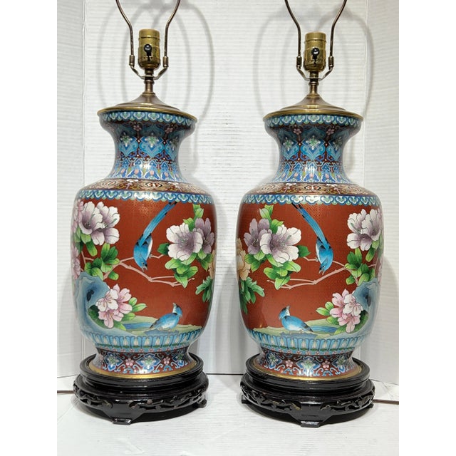 1970s Chinese Cloisonne Vase Table Lamps - A Pair For Sale - Image 4 of 12
