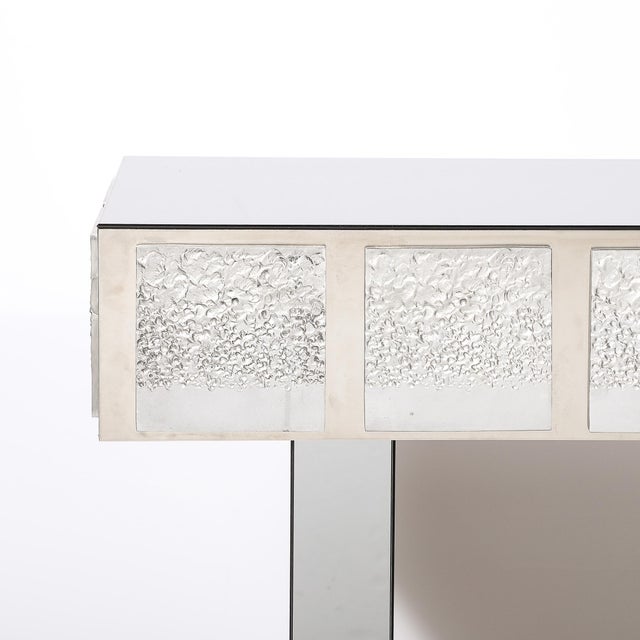 Modernist Mirrored & Polished Steel Console Table W/ Brutalist Tile Motif For Sale - Image 4 of 18
