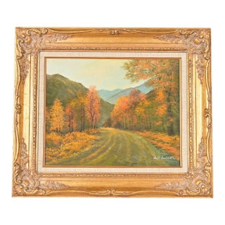 Original Artist Signed Scenic Fall Drive Oil Painting in Carved Giltwood Frame For Sale