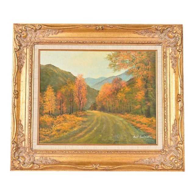 Original Artist Signed Scenic Fall Drive Oil Painting in Carved Giltwood Frame For Sale