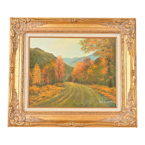 Original Artist Signed Scenic Fall Drive Oil Painting in Carved Giltwood Frame