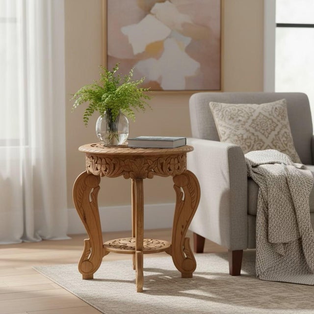 Victorian Victorian Style Fretwork Carved 18" Round Solid Wood End Tables - Set of 2 For Sale - Image 3 of 6