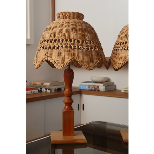 Pair of Vintage Wicker Scalloped Dome Table Lamps With Turned Wood Bases For Sale - Image 4 of 5