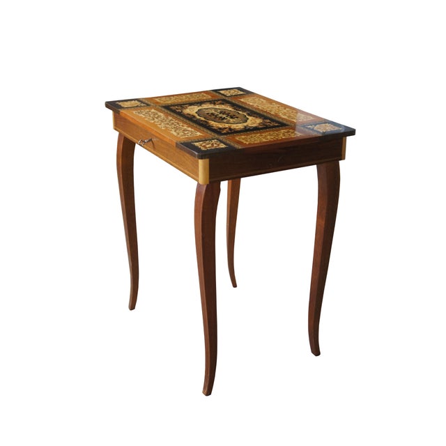 Pair of Italian Mahogany Inlaid Marquetry Musical Side Tables. Lid opens for storage of jewelry or collectibles. Plays...