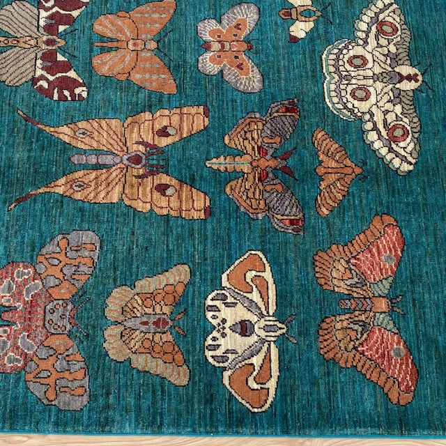 Teal Butterfly Moth Pictorial Hand-Knotted Wool Rug - 3'4" X 4'10" For Sale - Image 4 of 10