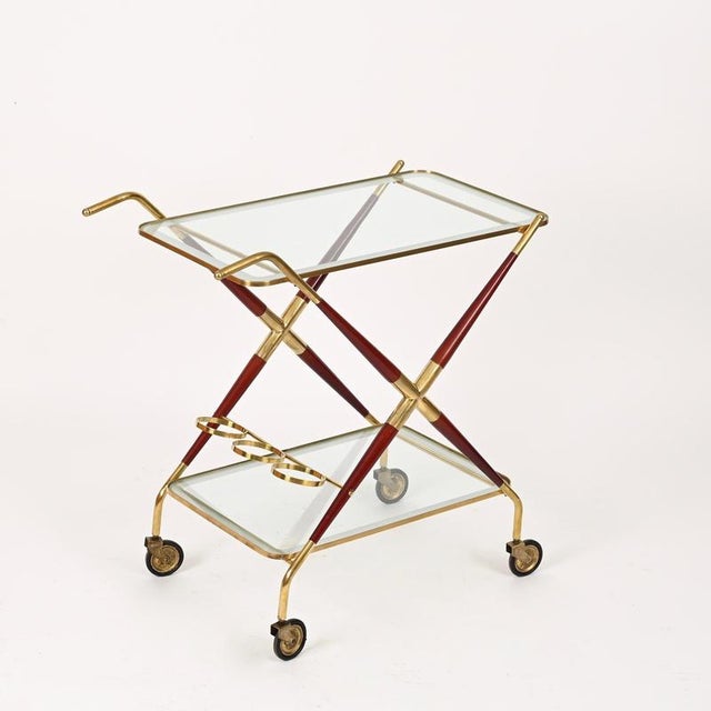 Brass and Burgundy Lacquered Wood Bar Cart by Cesare Lacca, Italy, 1950s For Sale - Image 6 of 15