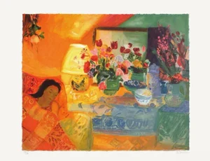 1990 Nancy Delouis Bouquet Devant La Lampe Lithograph