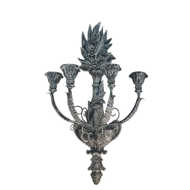 2020s Pair of Monumental Hand-Carved White-Washed Wood Five-Light Wall Candelabras For Sale - Image 5 of 8