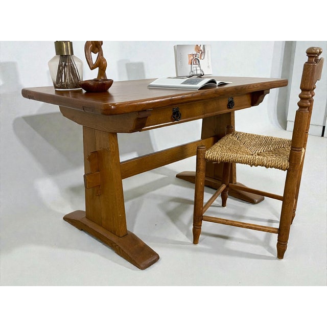 Wood Vintage Oak Writing Desk with Trestle Base, 1940s For Sale - Image 7 of 16