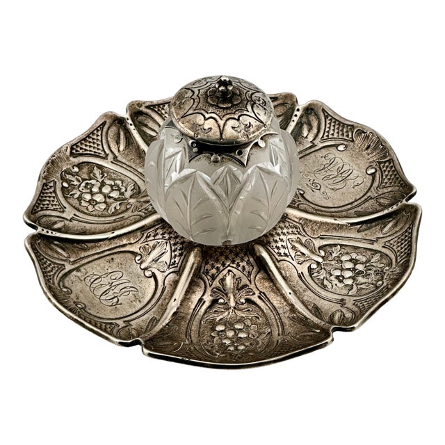 Outstanding Antique Victorian Hand Made London Sterling Silver & Hand Gut Crystal Inkwell - Circa 1865 For Sale