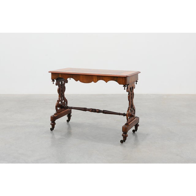 Wood Victorian Walnut Side Table with Inlaid Top and Pierced Scroll Ends, England, 1870 For Sale - Image 7 of 14