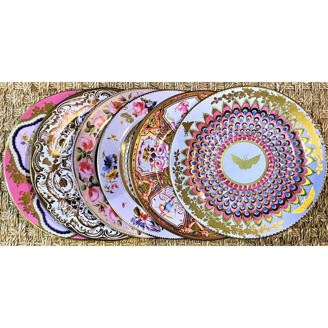 2020s Enamaled Pink & Gold Tin English Plates - Set of 6 For Sale - Image 5 of 8