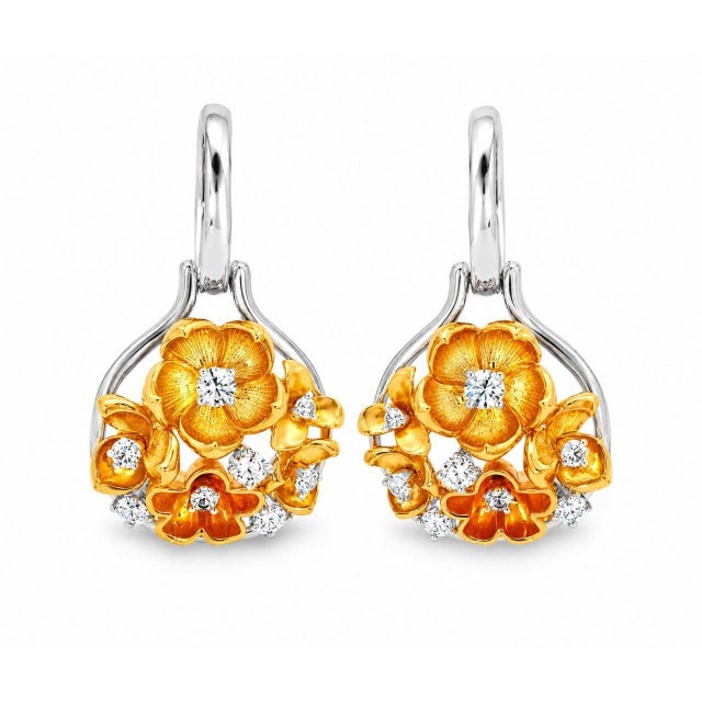 Mid 20th Century 14k White Gold Diamond Sapphire Rose Flower Drop Earrings Estate, Pair For Sale - Image 4 of 4