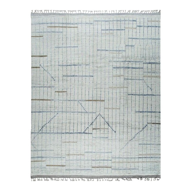 8x11 Ivory Hand-Knotted Wool Staircase Motif Geometric Modern Carpet Rug For Sale