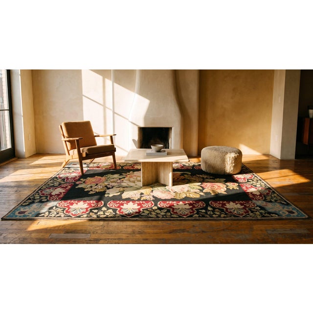 Textile 1890s Black Roses Folk Art Antique French Needlepoint Rug 5'2" X 8'8" Flatweave Wool Carpet For Sale - Image 7 of 9