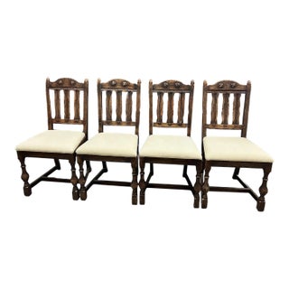 Antique Santa Fe Style Carved Oak Dining Chairs - Set of 4 - Attributed to Jamestown Feudal Oak Collection For Sale