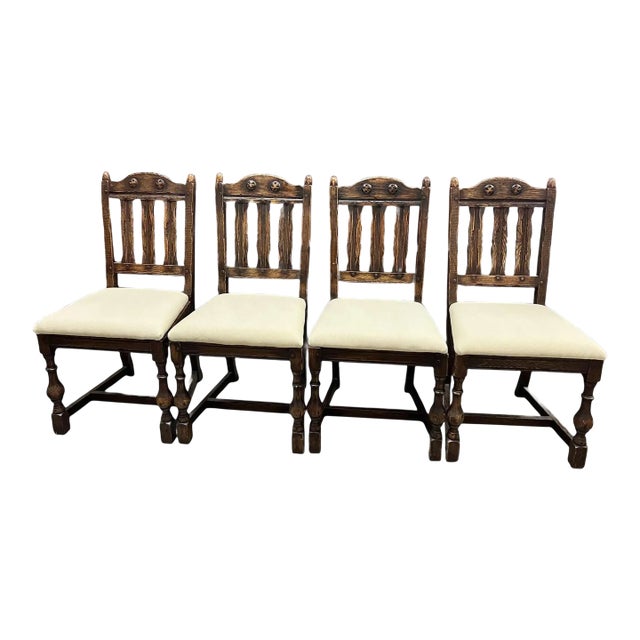 Antique Santa Fe Style Carved Oak Dining Chairs - Set of 4 - Attributed to Jamestown Feudal Oak Collection For Sale