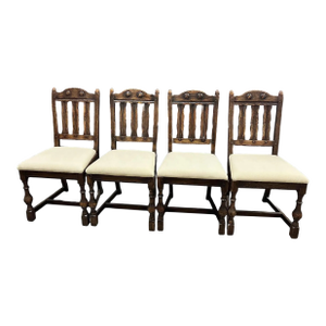 Antique Santa Fe Style Carved Oak Dining Chairs - Set of 4 - Attributed to Jamestown Feudal Oak Collection