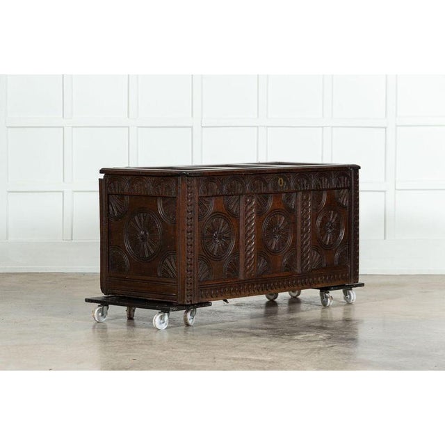 Circa 1720 Early 18th Century English Oak Carved Coffer An exceptional example. W131 x D62 x H64 cm Weight 44 kg.