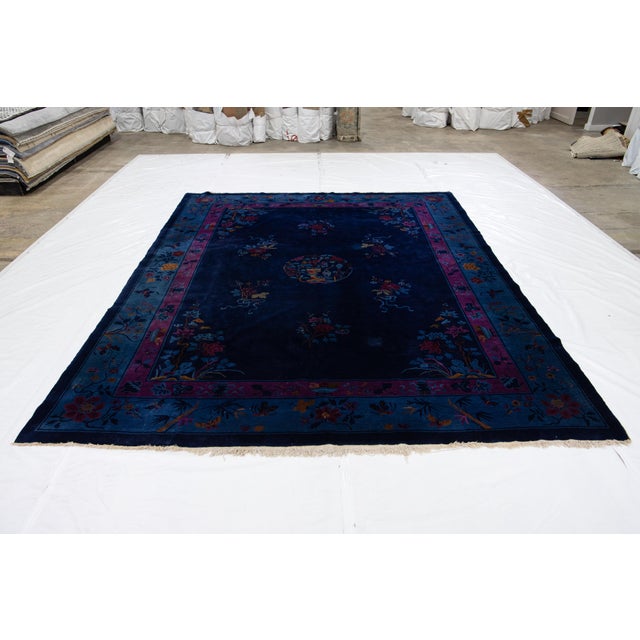 1920s Navy Blue Antique Chinese Art Deco Handmade Wool Rug With Floral Design For Sale In New York - Image 6 of 15