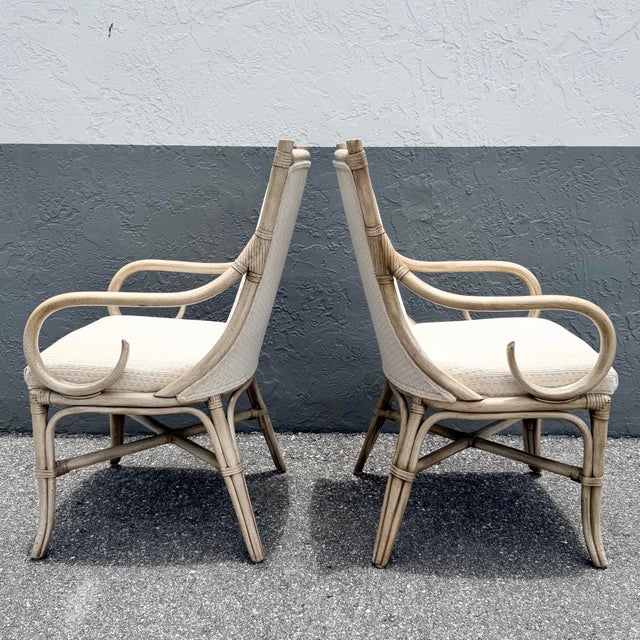 Vintage Coastal Cream and Tan Rattan Dining Arm Chairs by Whitcraft - Set of 6 For Sale In West Palm - Image 6 of 10