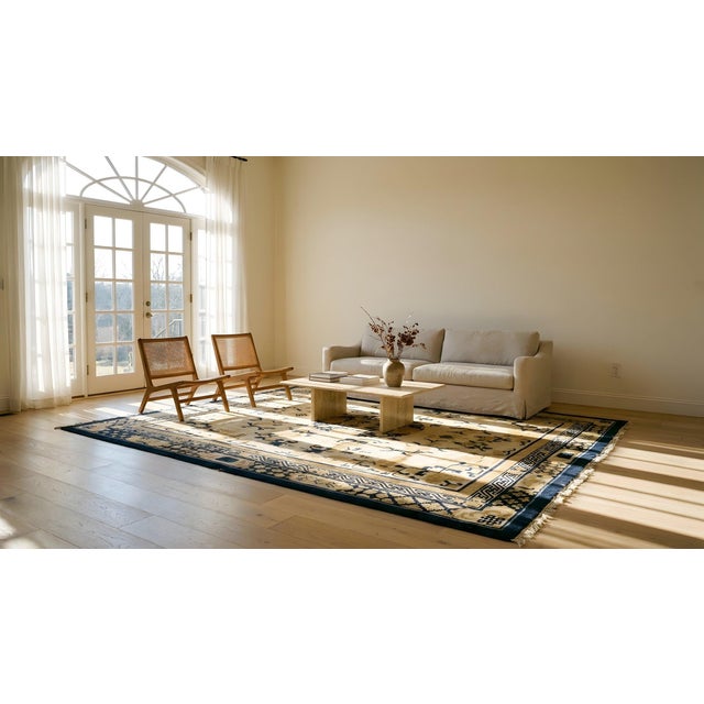 Stupendous Ivory Background Color and Navy Border Antique Chinese Baodou Rug For Sale - Image 11 of 11