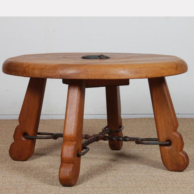 1950s Round Coffee Table in Oak and Wrought Iron, 1950 For Sale - Image 5 of 10