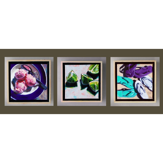 Flip Flop Trio by Tracy Wall | Oil on canvas Depiction of colorful flip flops on sand. For Sale - Image 4 of 5