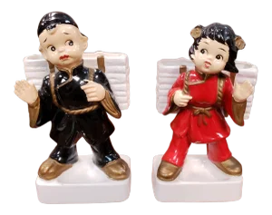 1930s Porcelain Asian Boy and Girl Figural Desk Caddies Made in Japan - a Pair