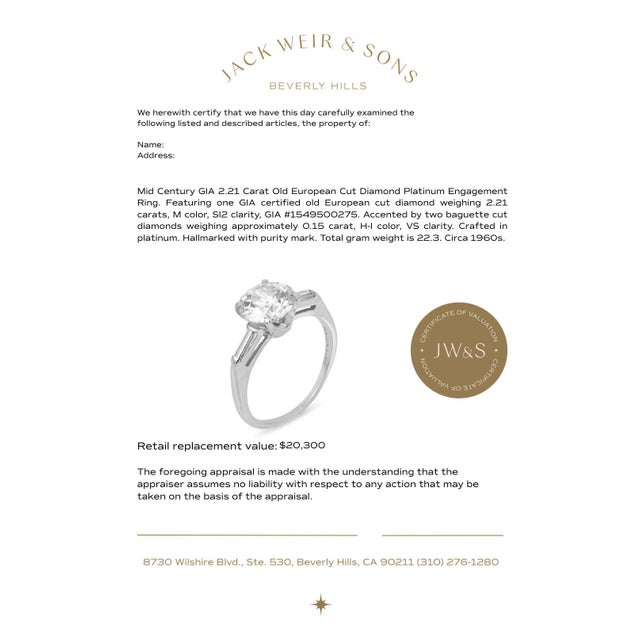 Metal 1960s Mid Century Gia 2.21 Carat Old European Cut Diamond Platinum Engagement Ring, Size 7.5 For Sale - Image 7 of 7