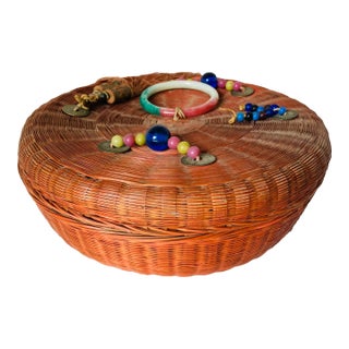 1950s Vintage Chinese Embellished Wicker Sewing Basket with Lid For Sale