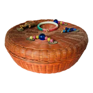 1950s Vintage Chinese Embellished Wicker Sewing Basket with Lid