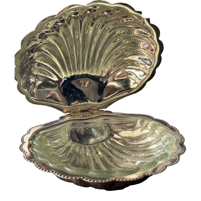 Vintage Silver Plated Hinged Shell Dish With Glass Inlay – Coastal Regency Decorative Box For Sale