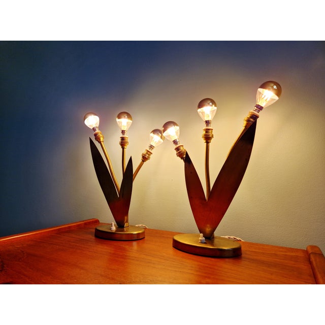 Mid-Century Brass Table Lamps with Floral Decoration, 1950s, Set of 2 For Sale - Image 4 of 15
