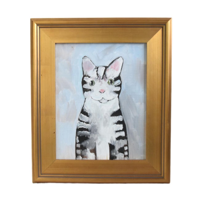 2020s Folk Art Kitten Cat Portrait Painting Including the Antiqued Gold Wood Frame For Sale - Image 5 of 5