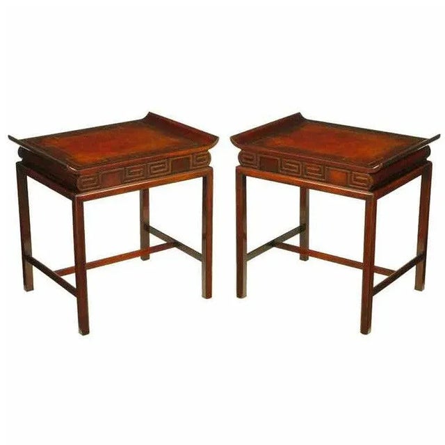 Brown Curved Mahogany and Leather Top End Tables with Greek Key Reliefs - a Pair For Sale - Image 8 of 8